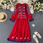Flared-cuff Pattern Embroidered Midi Sundress Red - One Size
