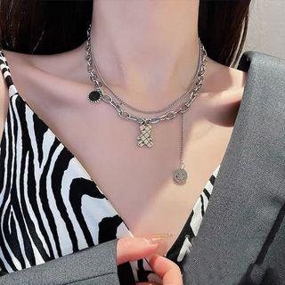 Smiley Bear Pendant Layered Alloy Choker Black & Silver - One Size