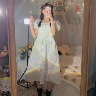 Puff-sleeve Ruffled Dotted A-line Dress Dress - One Size
