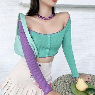 Color-block Off-shoulder Long-sleeve Cropped Top