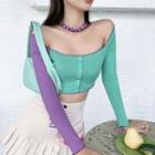 Color-block Off-shoulder Long-sleeve Cropped Top