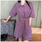 Plain Short-sleeve Playsuit Purple - One Size