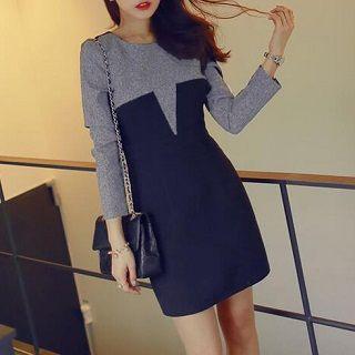 Long-sleeve Contrast-color Dress Gray, Black - One Size