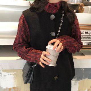 Plaid Shirt / Crew-neck Knit Vest / Knit Skirt / Set