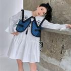 Long-sleeve Wide-collar Embellished A-line Dress / Checkerboard Vest
