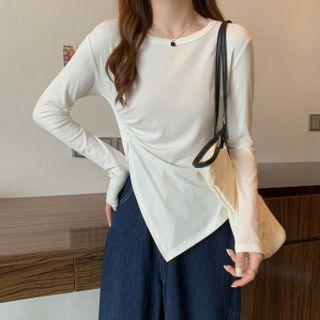 Round-neck Side-slit Long-sleeve T-shirt