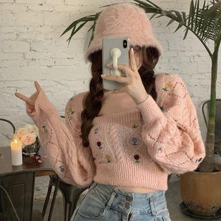 Flower Embroidered Cropped Sweater Pink - One Size