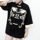 Embroidered 3/4-sleeve Shirt Black - One Size