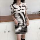 Short-sleeve Striped Knit Mini Polo Dress Stripe - Black & White - One Size