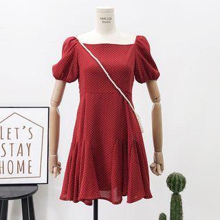 Puff-sleeved Dotted A-line Dress