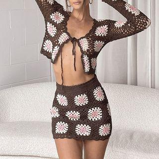 Set: Floral Embroidered Crop Pointelle Knit Top + Knit Skirt