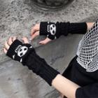 Skull Knit Fingerless Gloves Black - One Size