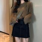 Furry Sweater / Mini Denim A-line Skirt
