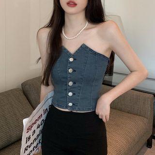 Single Breasted Denim Tube Top Blue - One Size