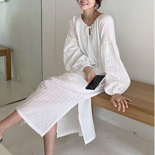 Long-sleeve Plain Sleep Dress White - One Size