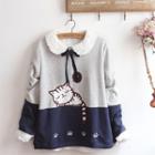 Cat Embroidered Color Panel Pullover/ Bow Accent Long-sleeve Blouse/ Set