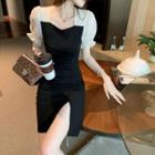 Puff-sleeve Two-tone Slit Mini Sheath Dress