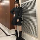 Long-sleeve Plain Denim Mini Dress Black - One Size