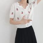 Short-sleeve Cherry Embroidery Knit Top White - One Size