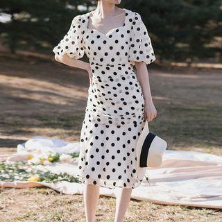 Elbow-sleeve Polka Dot Midi Dress