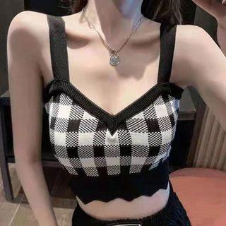 Plaid Cropped Knit Camisole Top Black - One Size