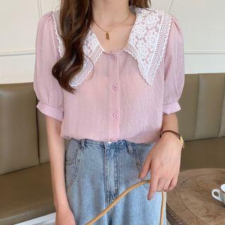 Short-sleeve Lace Collar Button-up Chiffon Blouse