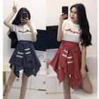 Set: Crew-neck Short-sleeve T-shirt + Plaid Asymmetric Hem A-line Skirt