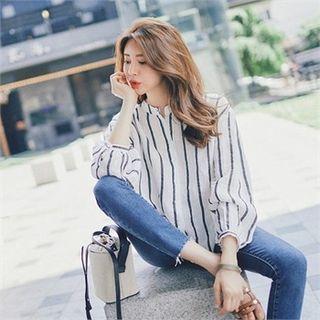 Mandarin-collar Striped Linen Shirt