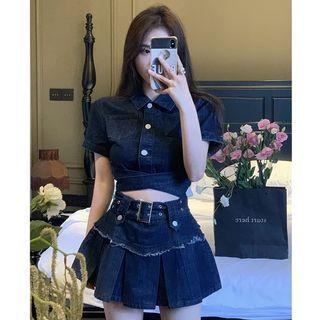 Details Denim Crop Shirt / High-waist Pleated Mini Skirt