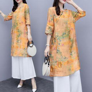 Set: Elbow-sleeve Printed Top + Wide-leg Pants