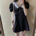 Lace-panel Short-sleeve Mini Dress Black - One Size
