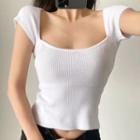 Cap-sleeve Square-neck Ribbed Plain Crop Top