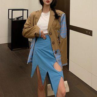 Single-breasted Patchwork Blazer / Irregular Cutout A-line Skirt