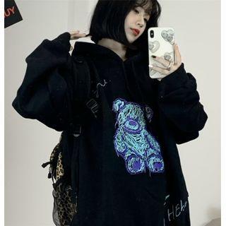 Bear Print Hoodie Black - One Size