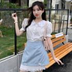 Short-sleeve Peter Pan-collar Flower Embroidered Shirt / Paneled A-line Mini Skirt