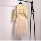 Striped Sweater / Layered Midi Mesh Skirt / Set