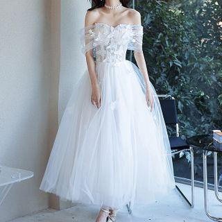 Off-shoulder Mesh A-line Evening Gown