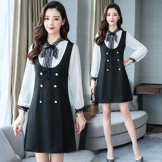 Mock Two-piece Long-sleeve Button-detail Mini A-line Dress
