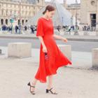 Flutter-sleeve Tie-waist Midi Dress