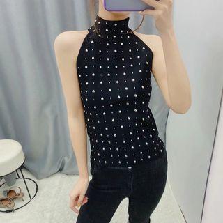 Mock-turtleneck Halter-neck Studded Knit Top