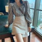 Long-sleeve Collared Check Blouse