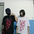 Couple Matching Elbow-sleeve Dragon Print T-shirt Black - One Size