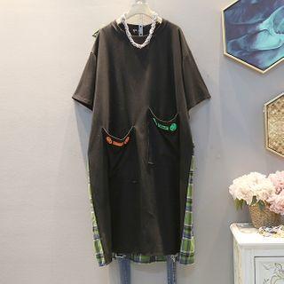 Hood Short-sleeve Plaid Panel T-shirt Dress Black - One Size