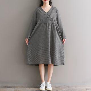 Checked Long-sleeve Midi A-line Dress
