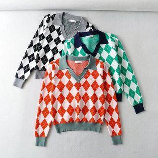 Long Sleeve Collar Argyle Print Sweater