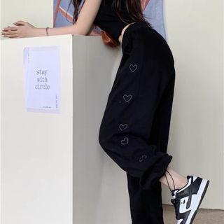 Heart Straight Leg Pants White Heart - Black - One Size
