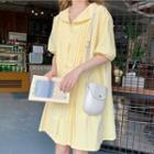 Pleated Elbow-sleeve Shirt Dress