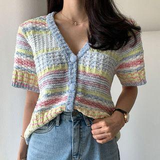 Short-sleeve V-neck Melange Cardigan As Shown In Figure - Light Blue - One Size