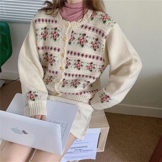 Floral Patterned Cardigan Off-white - One Size