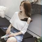 Elbow-sleeve Cold Shoulder Lace Panel T-shirt